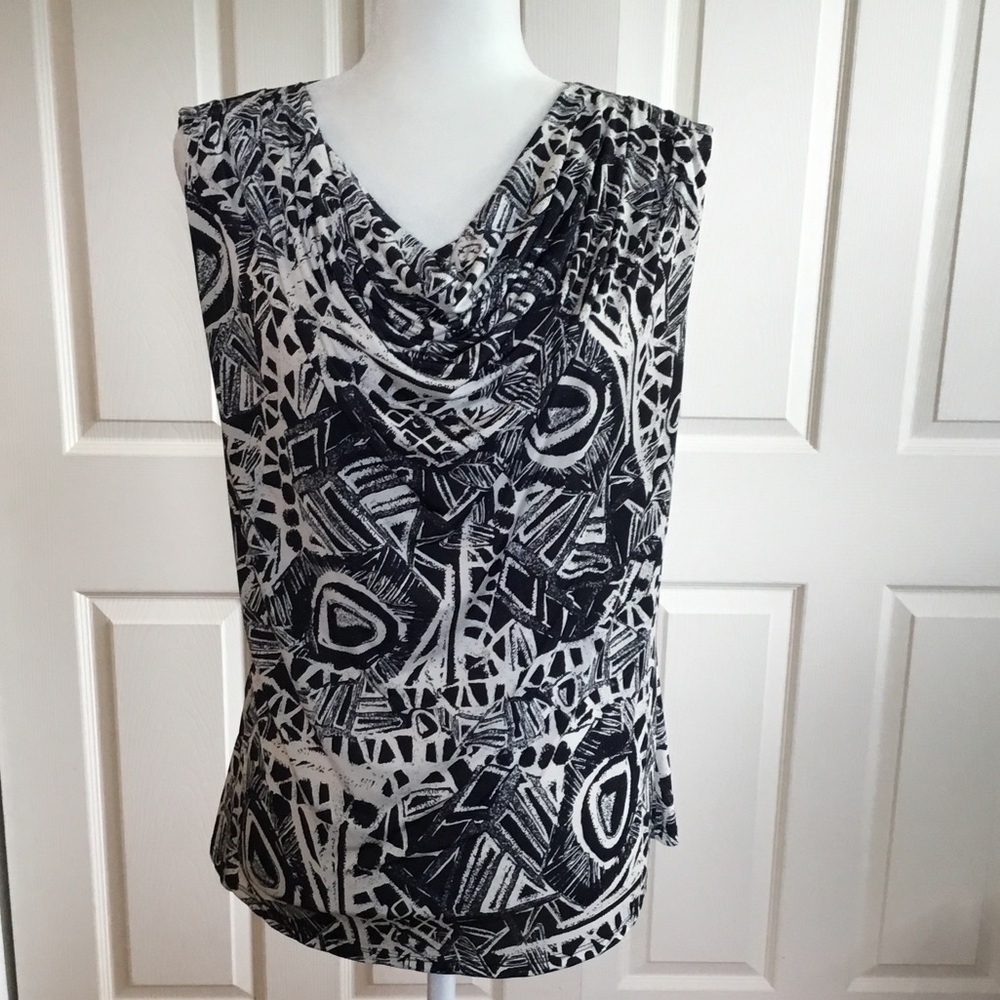 Jennie & Marlis Black White Geometric Abstract Cowl Neck Sleeveless Top Large